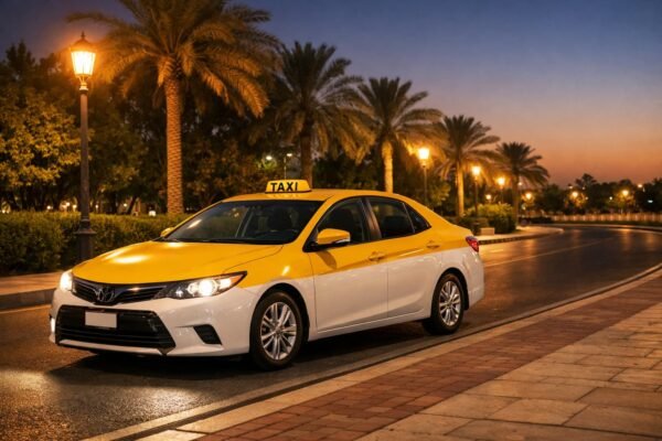 تاكسي حديث في الأحمدي مساءً قرب رصيف أنيق