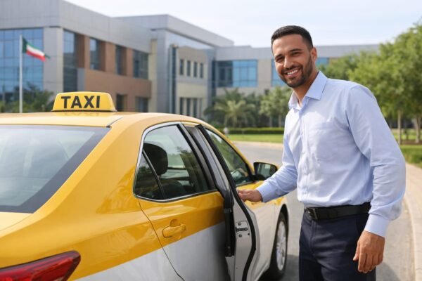 سائق تاكسي محترف يفتح الباب أمام مبنى تعليمي في الأحمدي صباحًا