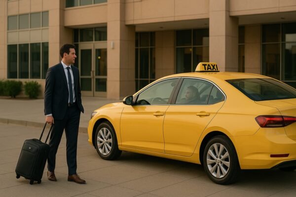 شخص بجوار تاكسي حديث أمام مجمع خدمات في مبارك الكبير