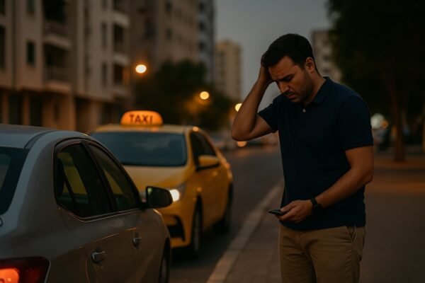 شخص يبحث عن مفتاحه وتاكسي ينتظر بالخلف