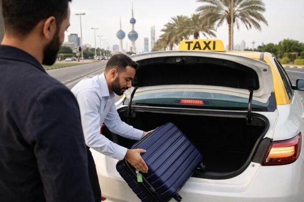 سائق تاكسي يساعد في تحميل حقيبة سفر داخل سيارة