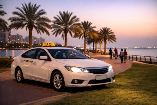 تاكسي حديث في السالمية بإضاءة مسائية هادئة