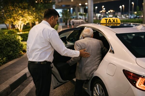 سائق تاكسي يساعد راكبًا كبير السن قرب المطار بهدوء