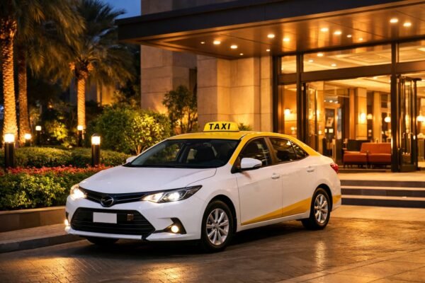 تاكسي حديث عند مدخل مجمع راقٍ في الكويت