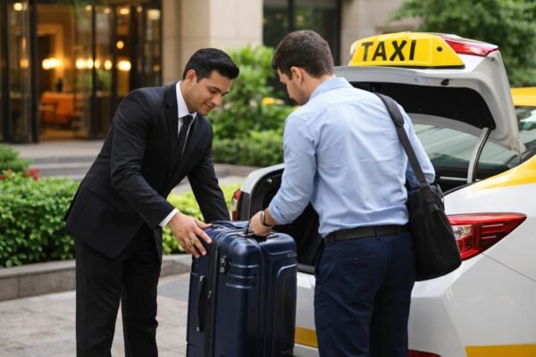 سائق تاكسي محترف بزي أنيق يساعد مسافرًا في ترتيب حقيبة بجانب سيارة نظيفة مع خلفية خضراء