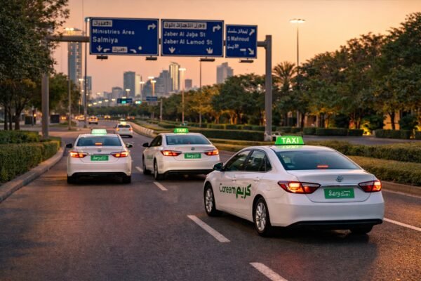 عدة سيارات تاكسي حديثة تتحرك وقت الغروب في شارع منظم بالكويت