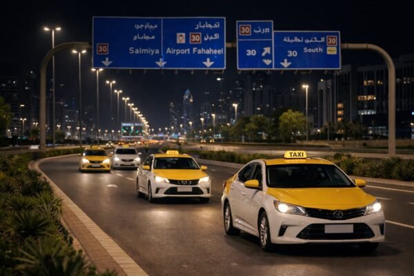 عدة سيارات تاكسي حديثة بالكويت تتحرك على طريق واسع بإضاءة ليلية منظمة