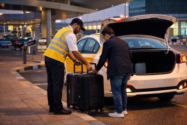سائق تاكسي جوال يساعد مسافرًا في ترتيب الحقائب قرب المطار