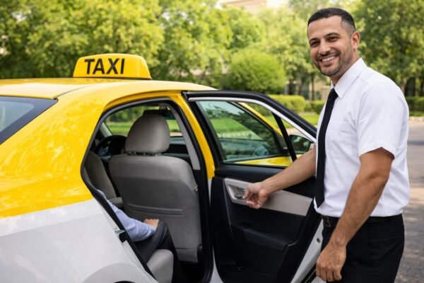 سائق تاكسي يفتح الباب للعميل بابتسامة مهنية