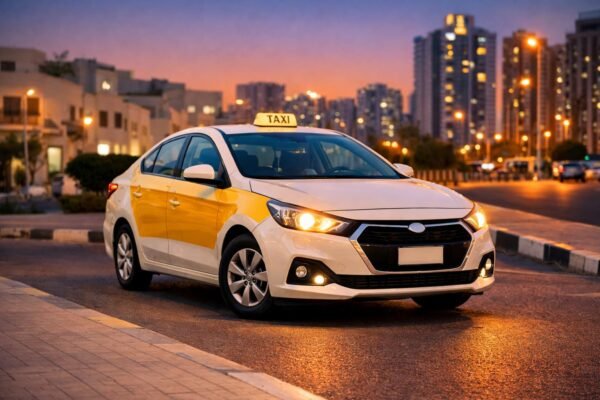 صورة واقعية لسيارة تاكسي حديثة قرب رصيف منظم مساءً
