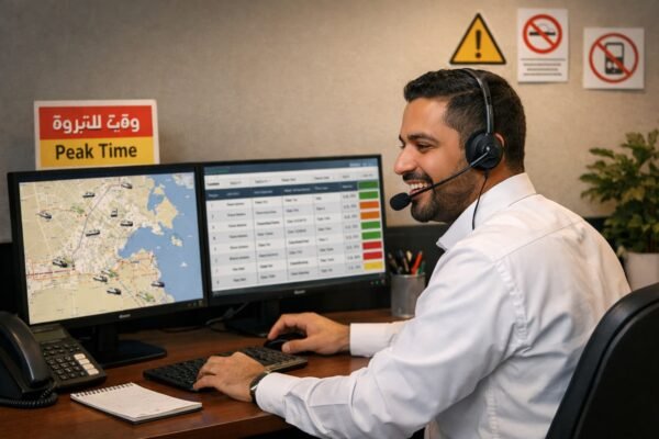 موظف بدالة تكاسي بالكويت داخل مكتب أنيق يتابع خريطة الكويت والطلبات