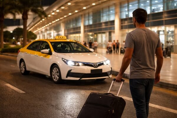 تاكسي حديث أمام مدخل مطار الكويت مع مسافر