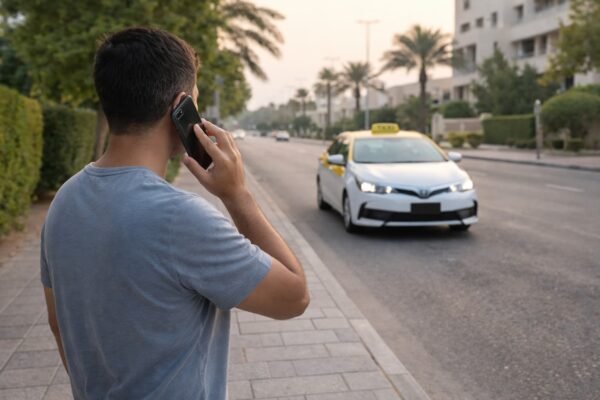 شخص يطلب تاكسي عبر الهاتف بجانب رصيف نظيف بالكويت