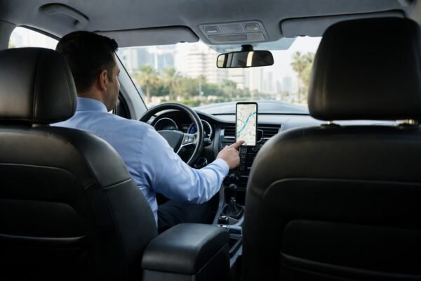 داخل سيارة تاكسي نظيفة ومريحة مع سائق يراجع الخريطة قبل الانطلاق