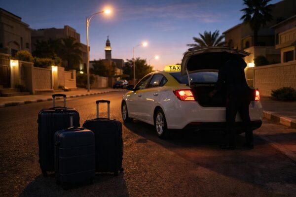 شنط سفر بجانب تاكسي في الدعية وقت الفجر قبل الذهاب للمطار