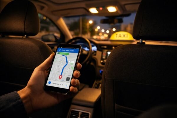 داخل سيارة تاكسي مرتبة مع هاتف يعرض خريطة واتجاهات