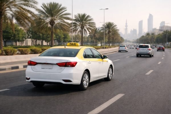 سيارة تاكسي حديثة على شارع رئيسي بحركة مرور معتدلة