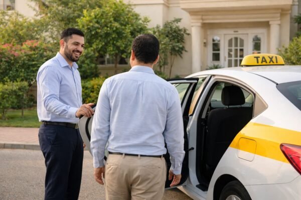 سائق تاكسي يفتح باب السيارة لراكب أمام منزل في العدان