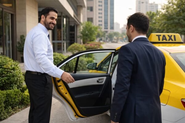 سائق تاكسي يفتح الباب بابتسامة في المرقاب