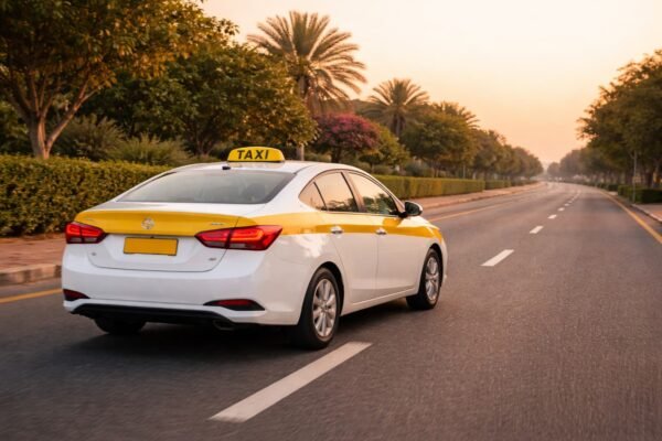 تاكسي حديث يسير على طريق قريب من العدان وقت الغروب