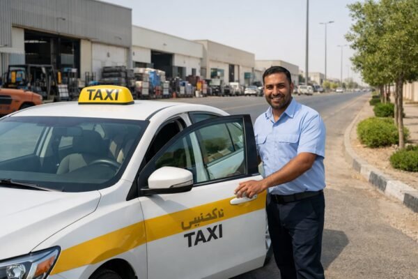 تاكسي حديث متوقف قرب مدخل المنطقة الصناعية في أمغرة بالكويت