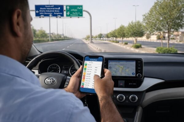 سائق تاكسي يثبت جدول الحجوزات على هاتفه قبل الانطلاق