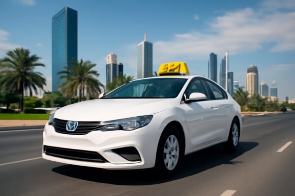 تاكسي حديث في شوارع الكويت مع خلفية حضرية