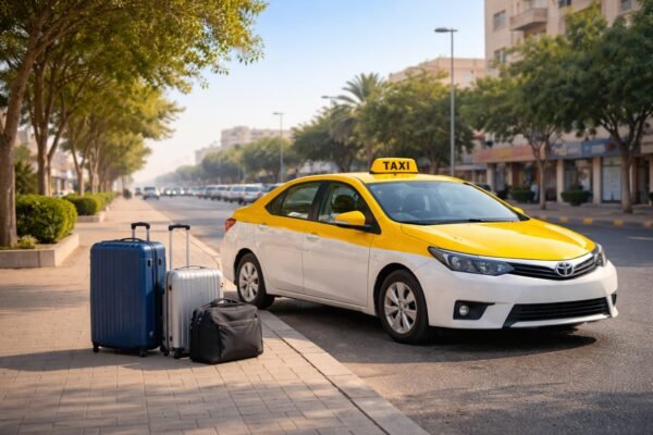 تاكسي حديث بجانب حقائب سفر على رصيف بالكويت