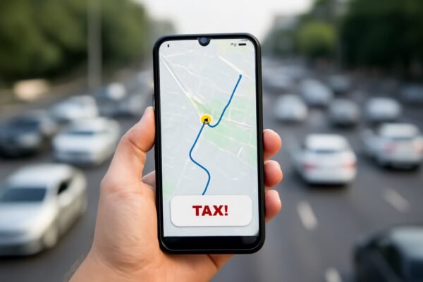 شخص يحمل هاتفه الذكي مع تطبيق حجز تاكسي