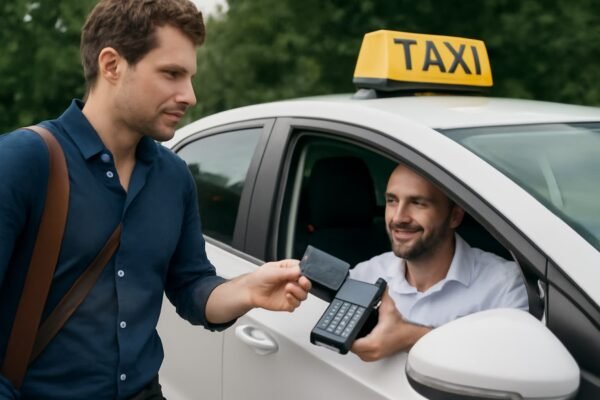 راكب تاكسي يدفع باستخدام بطاقة إلكترونية خارج السيارة