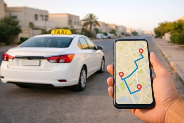 تاكسي داخل القرين مع خريطة طريق على الهاتف